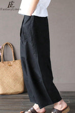 Load image into Gallery viewer, Black Loose Cotton Linen Casual Ankle Length Pants Women Clothes P1203