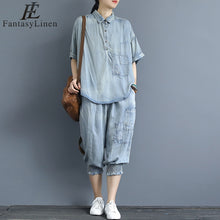 Load image into Gallery viewer, Casual Blue Cowboy Two Piece Loose Linen Shirt With Plus Fours S3062