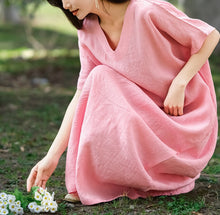 Load image into Gallery viewer, Leisure Natural Linen Comfy And Breathable With V-Neck Dress, Dresses For Women