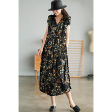 Load image into Gallery viewer, Short Sleeves Flower Print V-Neck Midi Dresses Floral Dresses