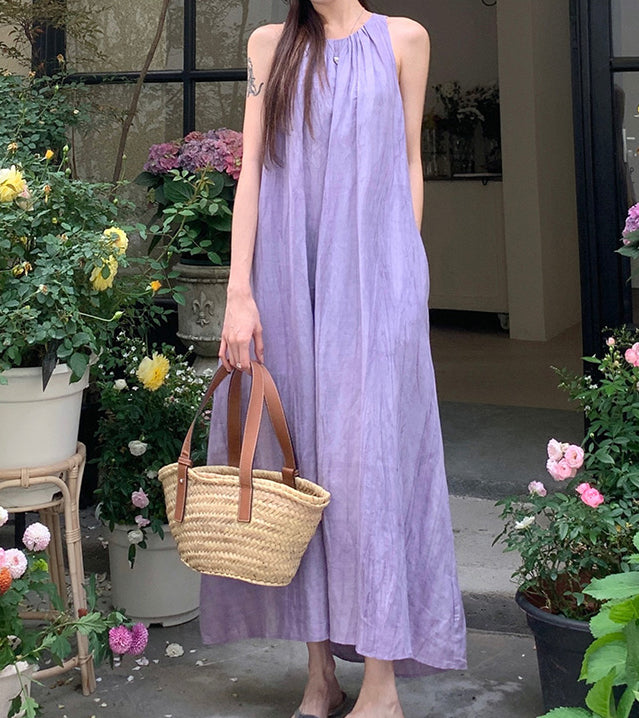 Women's Summer Solid Color Round Neck Sleeveless Long Casual Dress, Minimalist Maxi Dress Purple / XS