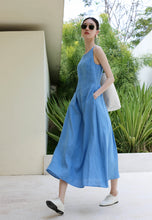 Load image into Gallery viewer, Ladies' Summer Solid Color Linen Vacation Shirt Style Casual Dress, Sleeveless Dress
