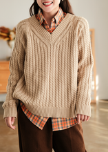 Load image into Gallery viewer, Cotton Loose Pullover, V Neck Sweater, Orange Ribbed Sweater