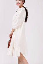 Load image into Gallery viewer, Women White Cotton Linen Bat Sleeve Round Neck Loose Dress