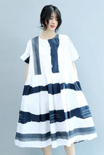 Load image into Gallery viewer, Round Neck Blue White Wide Stripe Women Summer Cotton Casual Loose Fitting Dresses