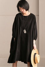 Load image into Gallery viewer, Black Korean Style Cotton Linen Falbala Bat Sleeve Round Neck Loose Women Clothes Q8300B - FantasyLinen