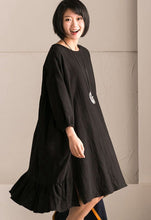 Load image into Gallery viewer, Black Korean Style Cotton Linen Falbala Bat Sleeve Round Neck Loose Women Clothes Q8300B - FantasyLinen