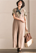 Load image into Gallery viewer, Khaki V-Neck Causal Cotton Linen Oversize Overalls Women Clothes K289BG - FantasyLinen
