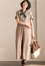Load image into Gallery viewer, Khaki V-Neck Causal Cotton Linen Oversize Overalls Women Clothes K289BG - FantasyLinen