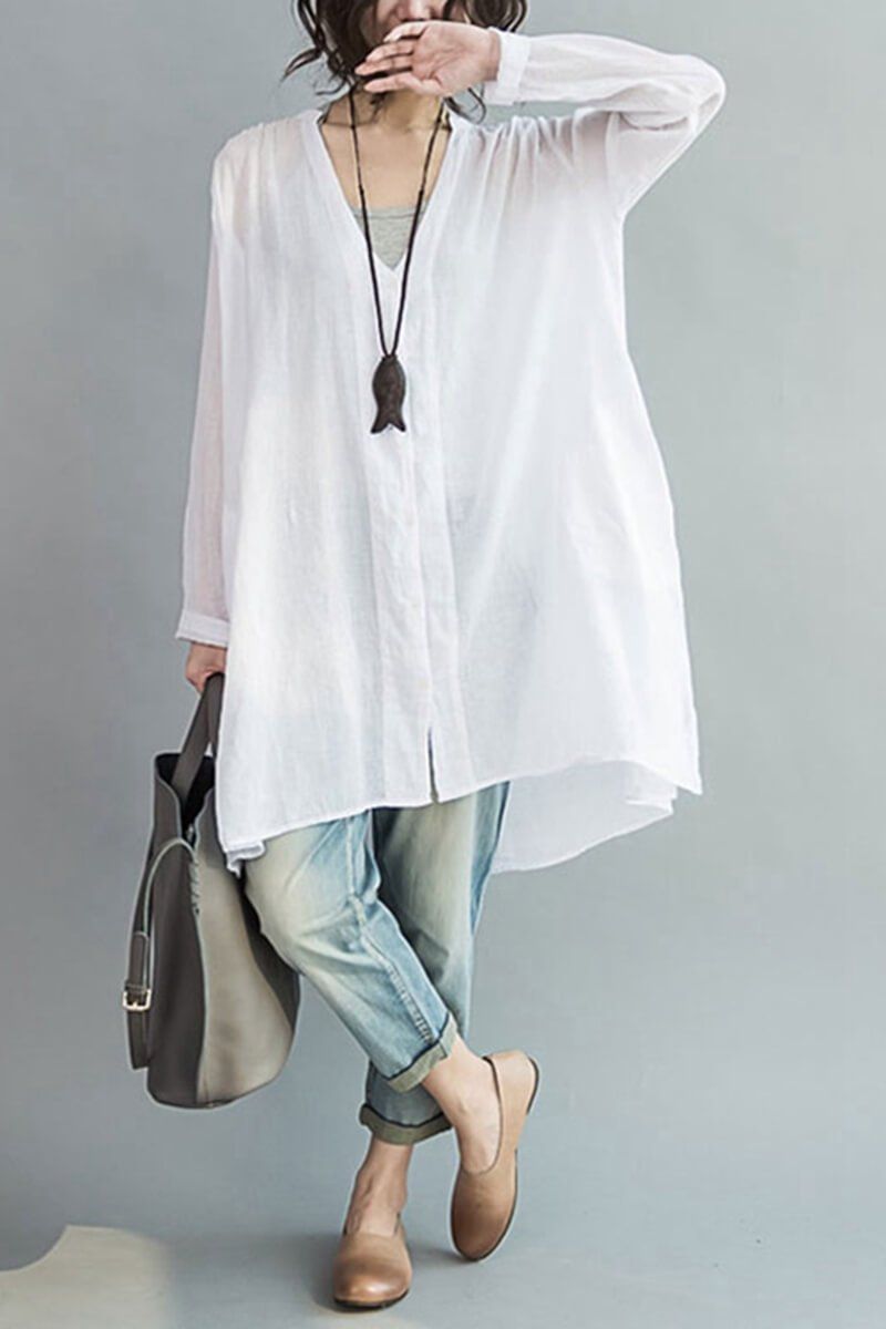 Art Casual Loose Long V-neck Cotton Shirt Women Clothes– FantasyLinen