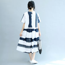 Load image into Gallery viewer, Round Neck Blue White Wide Stripe Women Summer Cotton Casual Loose Fitting Dresses