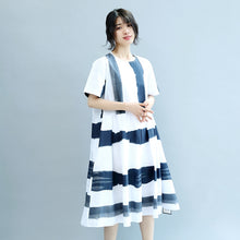 Load image into Gallery viewer, Round Neck Blue White Wide Stripe Women Summer Cotton Casual Loose Fitting Dresses