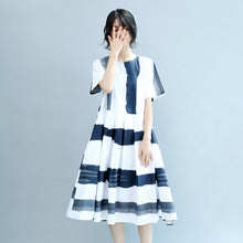 Load image into Gallery viewer, Round Neck Blue White Wide Stripe Women Summer Cotton Casual Loose Fitting Dresses