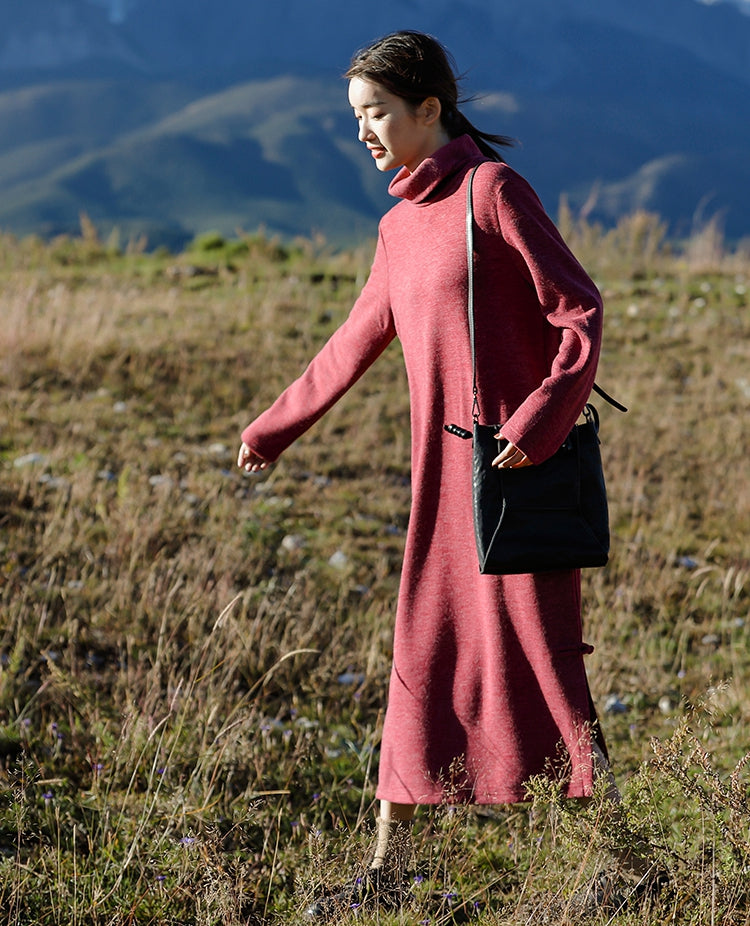 Women Loose High Neck Maxi Sweater Dresses Q26118