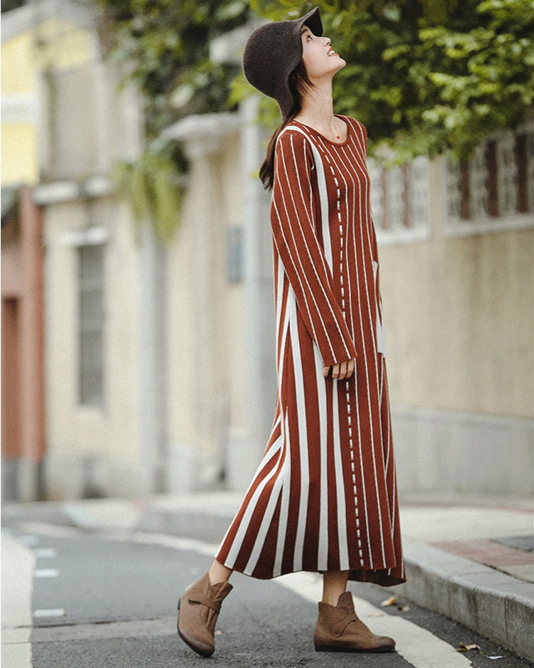 brown and white striped sweater dress Vintage Brown Striped Maxi Sweater Dresses For Women Z81044