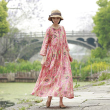 Load image into Gallery viewer, Loose Vintage Red Print Linen Dresses Women Spring Clothes Y792

