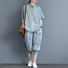 Load image into Gallery viewer, Casual Blue Cowboy Two Piece Loose Linen Shirt With Plus Fours S3062