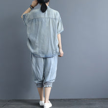 Load image into Gallery viewer, Casual Blue Cowboy Two Piece Loose Linen Shirt With Plus Fours S3062