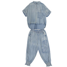 Load image into Gallery viewer, Casual Blue Cowboy Two Piece Loose Linen Shirt With Plus Fours S3062