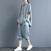 Load image into Gallery viewer, Casual Blue Cowboy Two Piece Loose Linen Shirt With Plus Fours S3062