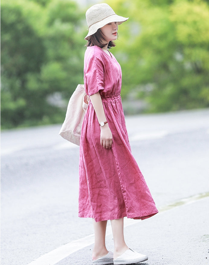 Women Vintage Pink Cotton Linen Dresses For Summer Q10065