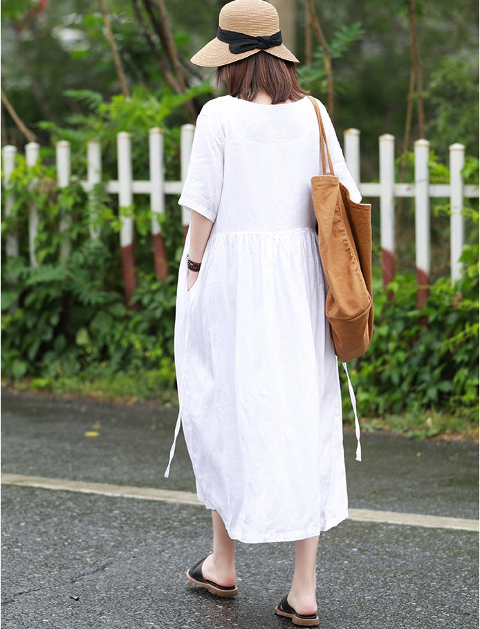 Cute Summer Linen White Dresses Women Loose Cool Outfits Q10068 S