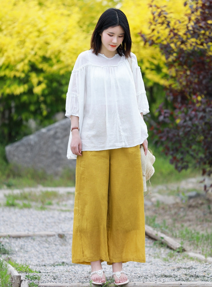 Loose Yellow Wide-leg Summer Wide-leg pants For Women K10063