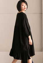 Load image into Gallery viewer, Black Korean Style Cotton Linen Falbala Bat Sleeve Round Neck Loose Women Clothes Q8300B - FantasyLinen