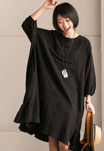 Load image into Gallery viewer, Black Korean Style Cotton Linen Falbala Bat Sleeve Round Neck Loose Women Clothes Q8300B - FantasyLinen