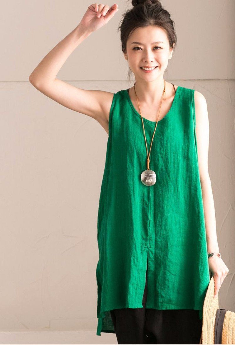 Light Green Cotton Linen Sleeveless Casual Long Vest Summer For Women
