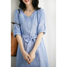 Load image into Gallery viewer, Linen Summer Dresses Blue White Stripe Clothing For Women