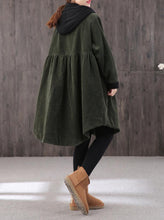Load image into Gallery viewer, Mid-length Retro Winter Padded Warm Corduroy Casual Coat Women&#39;s Hooded Green Trench Coat Corduroy Over coat
