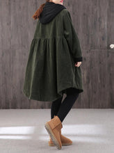 Load image into Gallery viewer, Mid-length Retro Winter Padded Warm Corduroy Casual Coat Women's Hooded Green Trench Coat Corduroy Over coat
