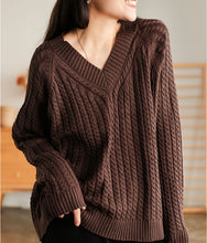 Load image into Gallery viewer, Cotton Loose Pullover, V Neck Sweater, Orange Ribbed Sweater