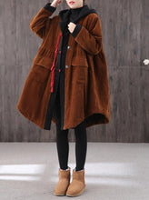 Load image into Gallery viewer, Mid-length Retro Winter Padded Warm Corduroy Casual Coat Women's Hooded Green Trench Coat Corduroy Over coat