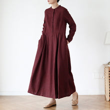 Load image into Gallery viewer, Women's Stand Collar Long SLeeves Linen Dress