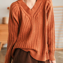 Load image into Gallery viewer, Cotton Loose Pullover, V Neck Sweater, Orange Ribbed Sweater