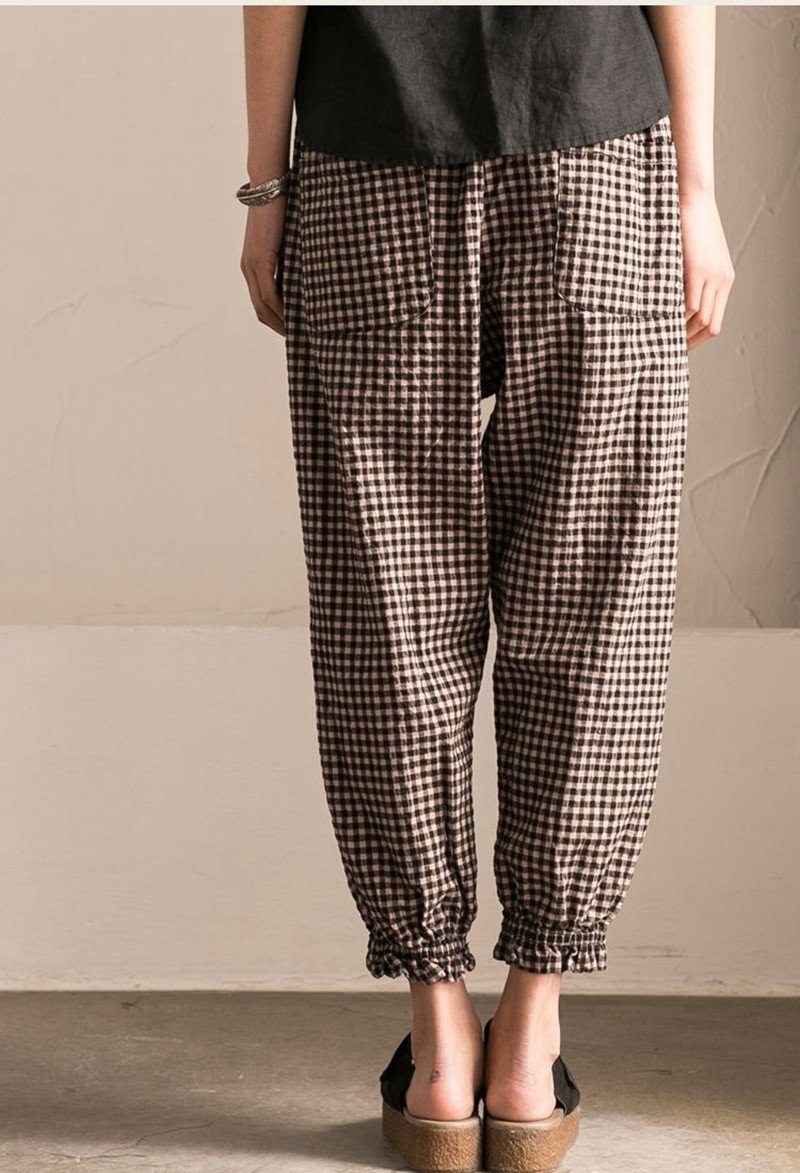 Art Casual Black White Grid Pants Cotton Women Clothes K9653B