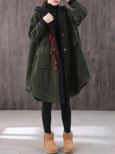 Load image into Gallery viewer, Mid-length Retro Winter Padded Warm Corduroy Casual Coat Women's Hooded Green Trench Coat Corduroy Over coat