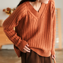 Load image into Gallery viewer, Cotton Loose Pullover, V Neck Sweater, Orange Ribbed Sweater