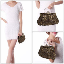 Load image into Gallery viewer, Beaded Sequin Design Metal Frame Kissing Lock Satin Interior Evening Clutch - FantasyLinen