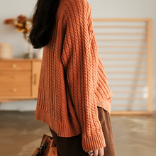 Load image into Gallery viewer, Cotton Loose Pullover, V Neck Sweater, Orange Ribbed Sweater