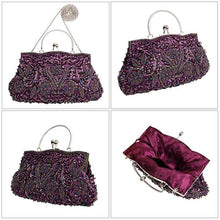 Load image into Gallery viewer, Beaded Sequin Design Metal Frame Kissing Lock Satin Interior Evening Clutch - FantasyLinen