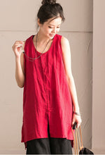 Load image into Gallery viewer, Red Cotton Linen Sleeveless Casual Long Shirt Summer and Spring For Women clothes B636B - FantasyLinen