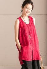 Load image into Gallery viewer, Red Cotton Linen Sleeveless Casual Long Shirt Summer and Spring For Women clothes B636B - FantasyLinen