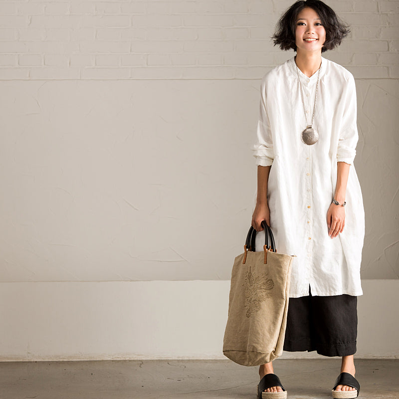 Art Casual Loose Big Size Long Linen Dress Shirt Women Tops C8923A S / White