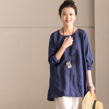 Load image into Gallery viewer, Blue Cotton Linen Bat Sleeve Top Round collar Shirt Summer and Spring For Women C9962B - FantasyLinen