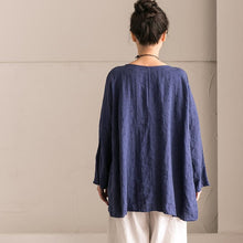 Load image into Gallery viewer, Blue Cotton Linen Bat Sleeve Top Round collar Shirt Summer and Spring For Women C9962B - FantasyLinen