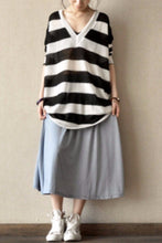 Load image into Gallery viewer, Blue Pinstripe Cotton A-Style Skirt Casual Women Clothes L0029 - FantasyLinen