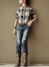 Load image into Gallery viewer, Check Cotton Linen Shirt Women Tops Fashion Clothes LR825 - FantasyLinen